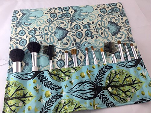 Makeup Brush Roll Holder Case Bag Organizer Cosmetic Brush Organizer Roll - Tula Pink Tree of Life in Pool Blue