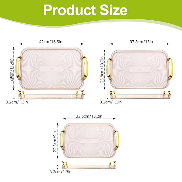 ZUFUDO 3 PACK SERVING TRAY WITH HANDLES, STACKABLE REUSABLE TRAYS FOR SERVING FOOD, PLASTIC SERVING PLATTERS FOR PARTY, CHARCUTERIE, FRUIT, APPETIZER, AMBER GOLD