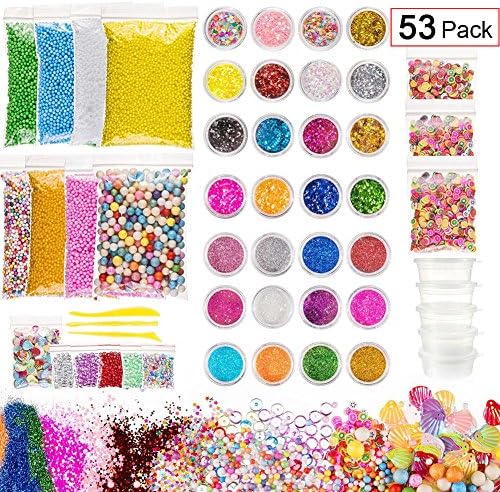 Slime Supplies Kit, 53 Packs Foam Balls Charms for DIY Slime, Included Foam Balls, Fishbowl Beads, Storage Containers, Star Confetti, Fruit Slices, Shell, Glitters and Sequins, Slime Tools for Art DIY