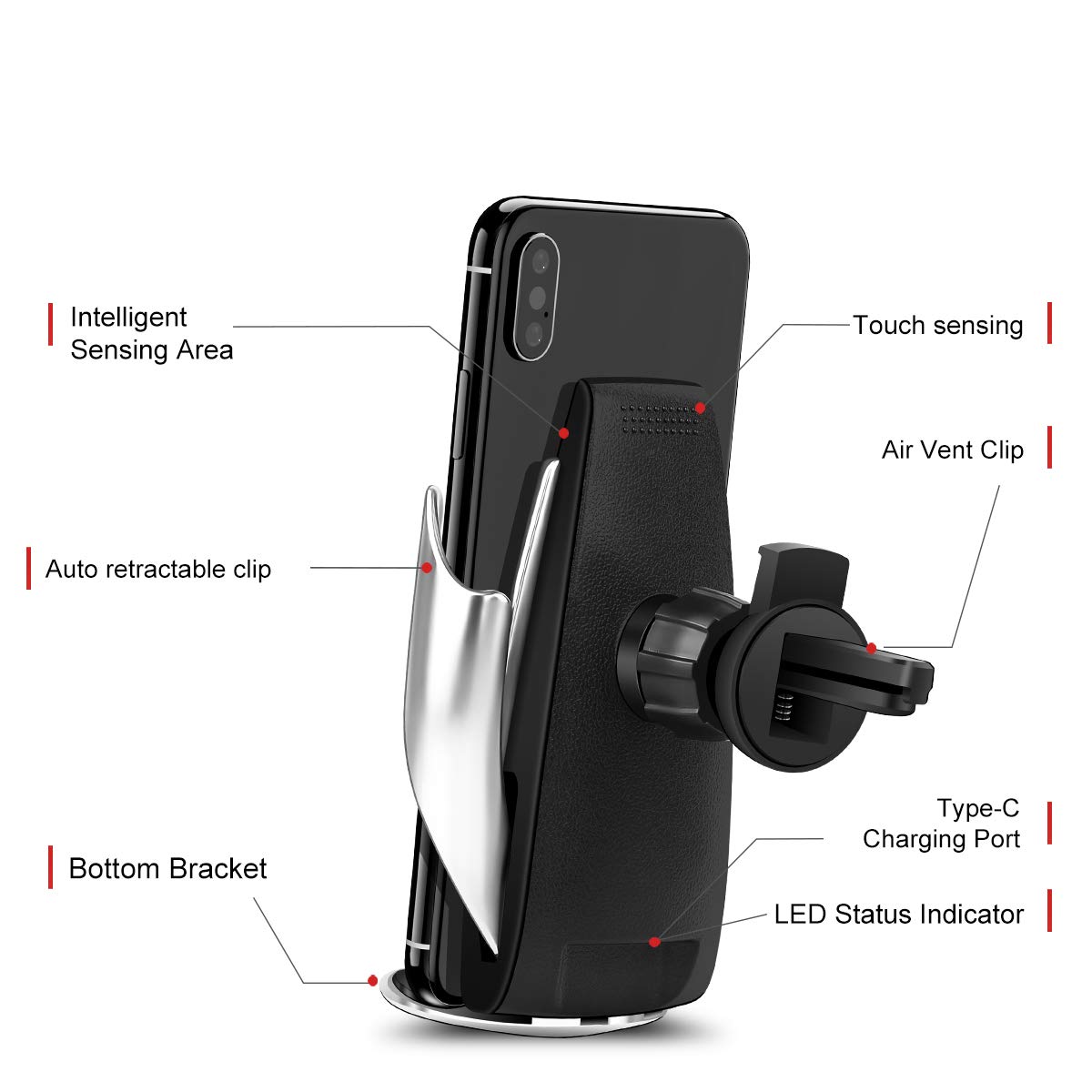 RONY Wireless Car Charger, Automatic Clamping Wireless Car Charger Mount 10W Fast Charging Car Charger Holder Compatible with iPhone Xs/Xs Max/XR/X /8, Samsung Galaxy Note 9/ S9/ S9+/ S8 etc. (White)