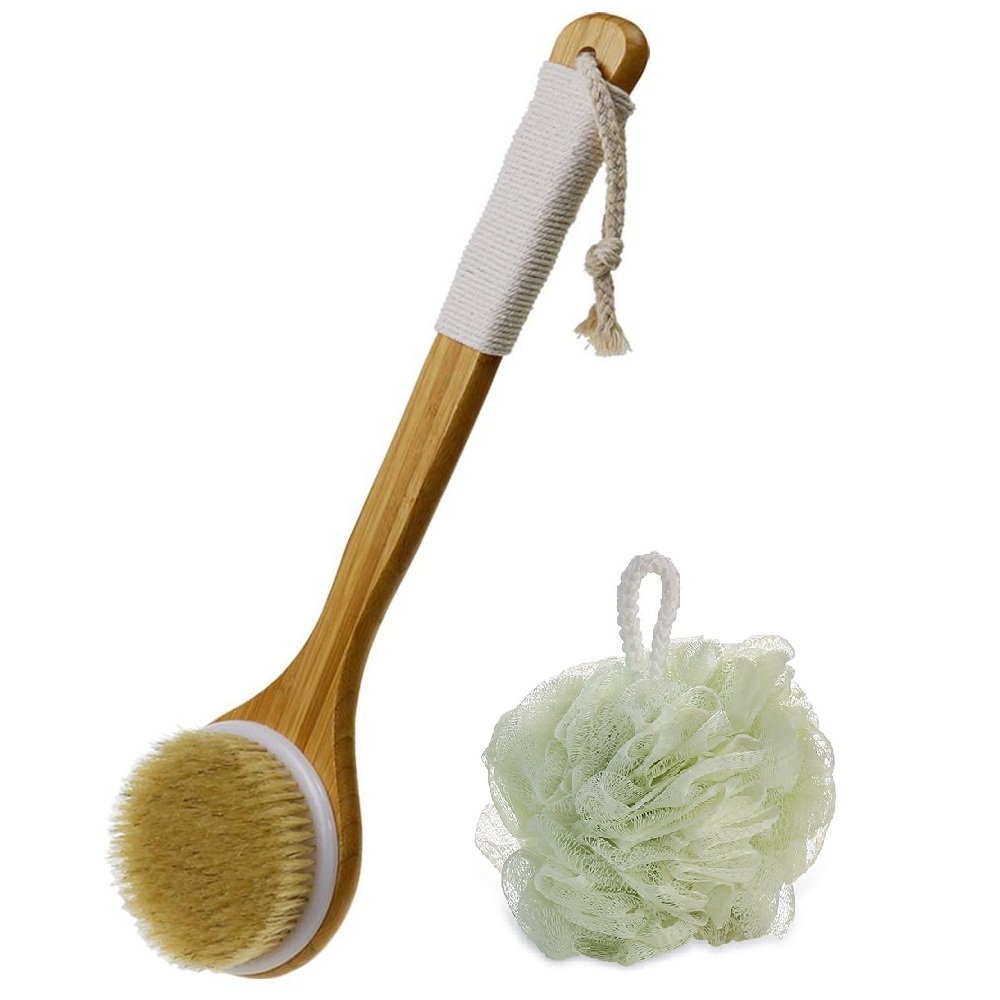 JUSTIME Long Handled Bath Brush Set with Mesh Sponge Shower Ball| Natural Bristles Back Scrubber Body Brush and Bath Shower Sponge for Cellulite & Exfoliating(2 PACKS)