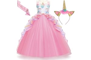 Chektin Unicorn Dress for Girls Unicorn Costume Pageant Princess Party Birthday Long Maxi Gown with Unicorn Headband Satin