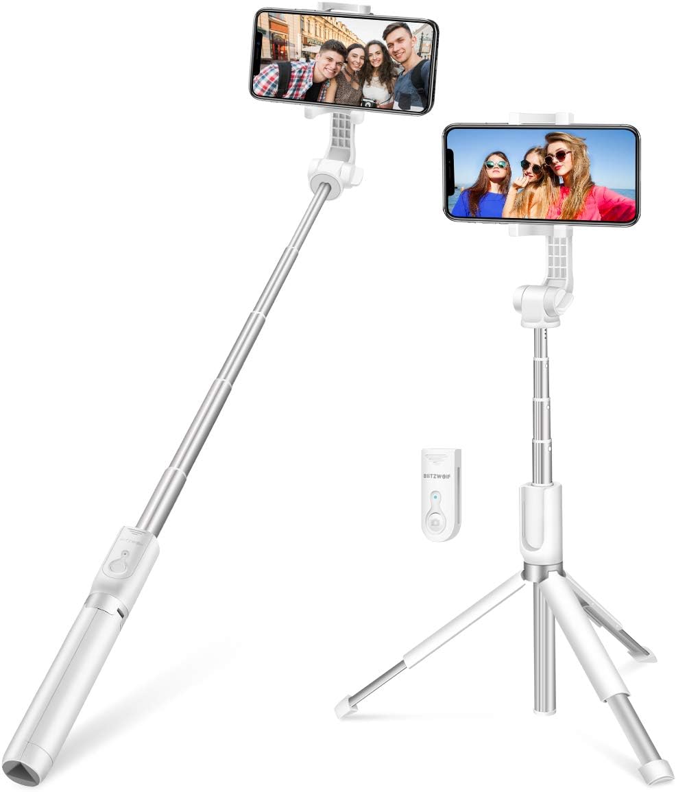 BlitzWolf Selfie Stick bluetooth, 90cm Extendable Selfie Stick Tripod with Remote for iPhone X/XS/XS MAX/XR/8/8 Plus/7/7 Plus, Samsung S9/S9 Plus, 3.5-6 inch Android Smartphone(Upgraded Version-White)