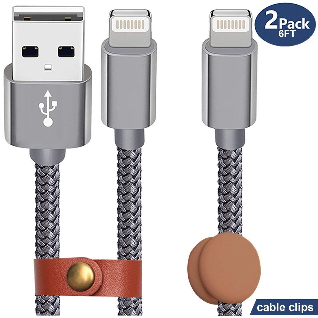 Lightning Cable, iPhone Ladegerät (2 Stück) Nylon Geflochtenes Synchron- & Schnellladekabel (6 FT) mit Kabelklemmen für iPhone X, 8 Plus, 8, 7 Plus, 7, 6, 6s Plus, 5, 5c, 5s