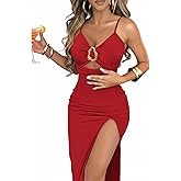 Ninimour Women Bodycon Dress High Slit Cut-Out Midi Dress Metal Ring Decor V-Neck Spaghetti Straps Cocktail Party Dress