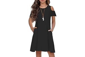 Arshiner Girls Summer Dress Short Sleeve Cold Shoulder Solid Color Swing Casual Dresses with Pockets