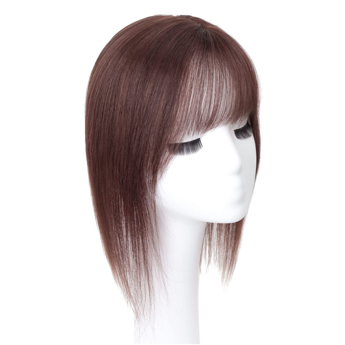 Middle Part Silk Part Base Human Hair Topper 7x10cm Forehead Straight Clip in Hairpiece with Wispy Fringe 30cm Dark Brown
