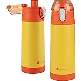 Bentology Stainless Steel 13 oz Reusable Water Bottle for Kids, Yellow- Double Wall Insulated, Spill Proof Lid w/Built-in Straw- Keep Liquids Hot or Cold- Easily Fits in Lunch Boxes & Bags