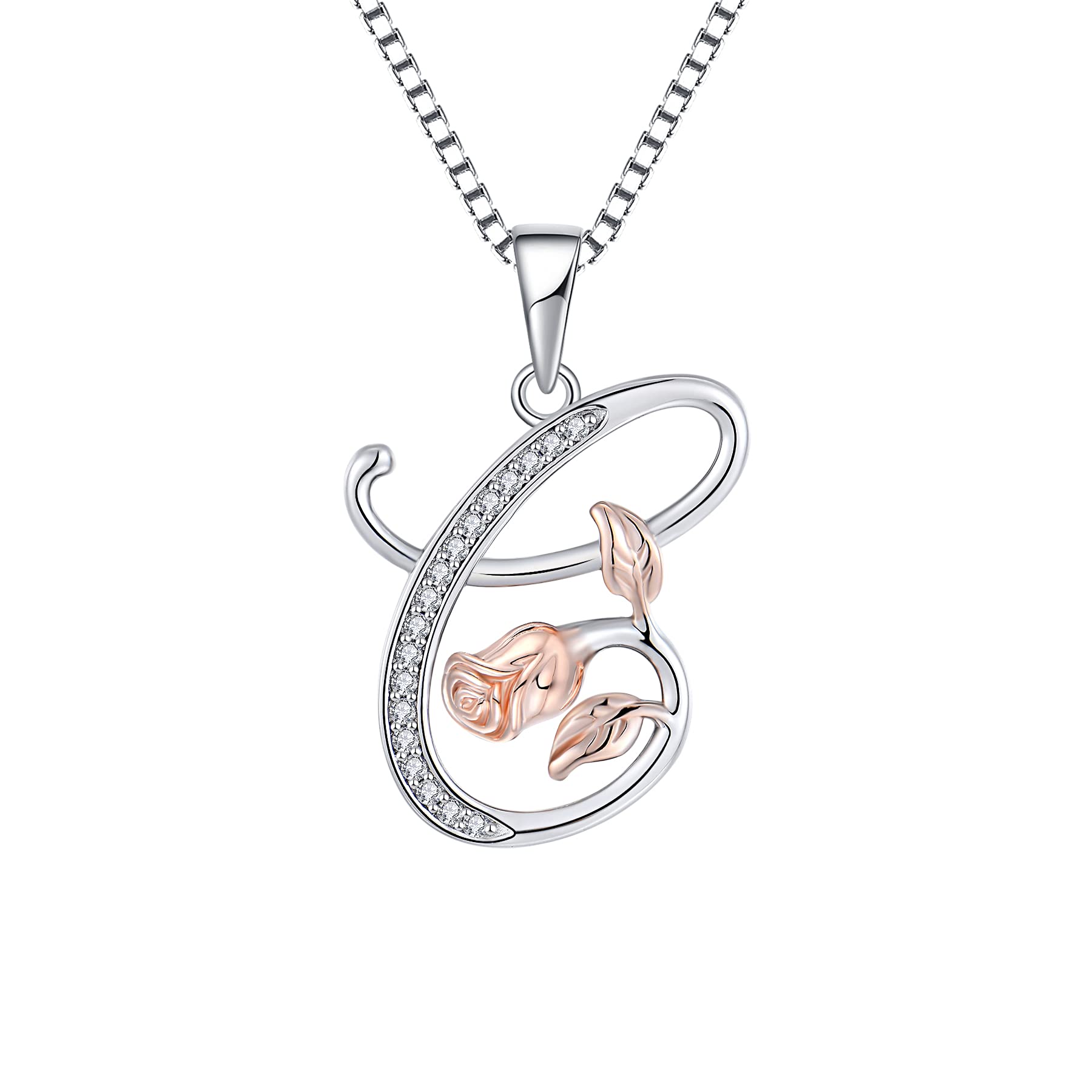 starchenie Alphabet Rose necklace Letter C Necklace Zirconia Pendant 925 Sterling Silver Necklace for Women