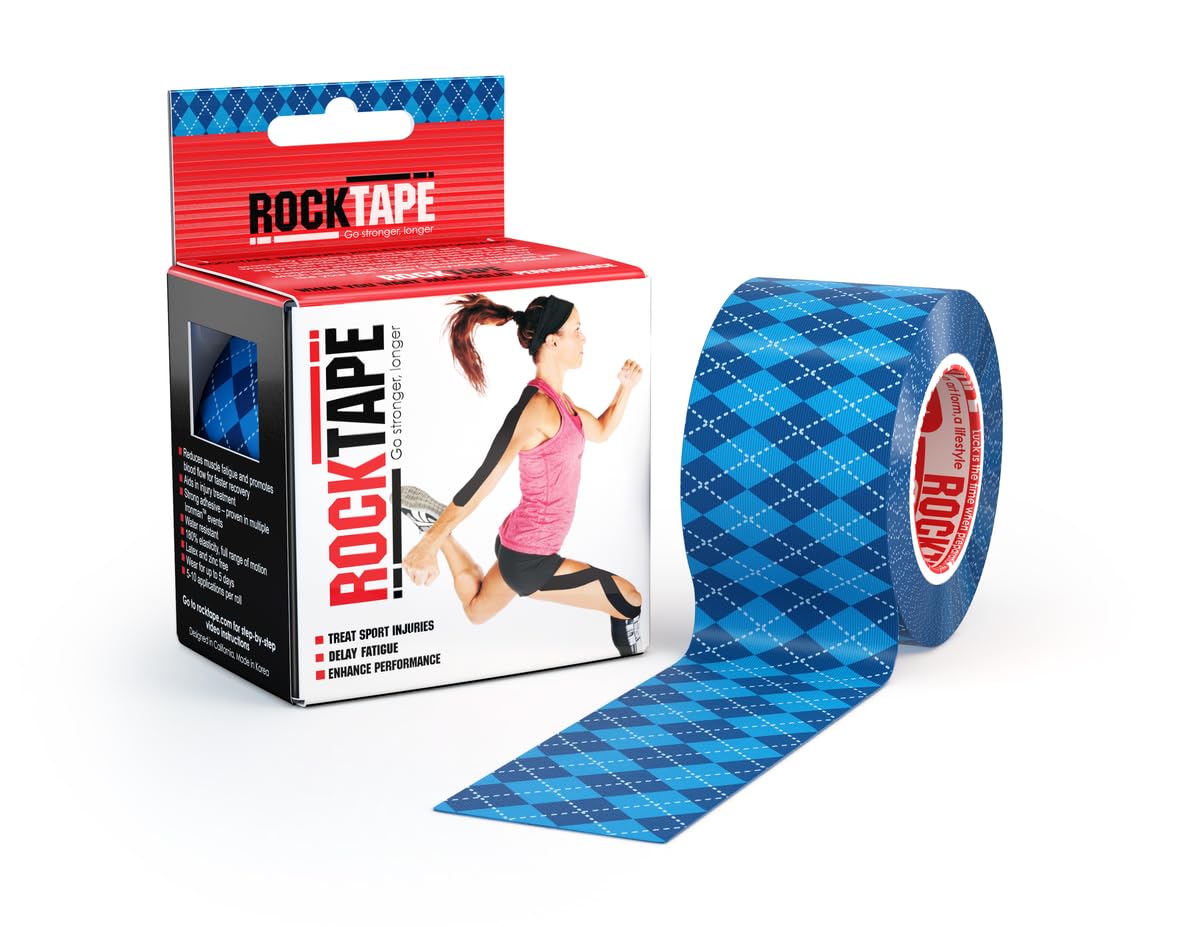 Rocktape Kinesiology Tape Athletes, Water Resistant, Reduce Pain & Injury Recovery, 5cm x 5m, Uncut, Argyle Blue