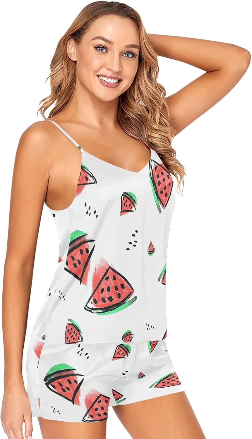 OTVEE Watermelon Pattern Pajama Set for Women Sexy Lingerie Satin
