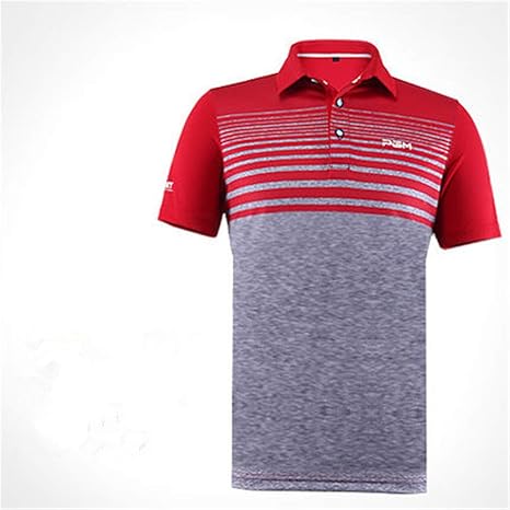 PGM Men Golf Kurzarm T-Shirt mit Streifen Sommer Atmungsaktiv elastisch Quick Dry Polo Shirt Herren Golf Sportswear Tops,Red,