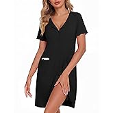 ZOOSIXX Nightgowns for Women - Short Sleeve Sleepwear Button Up Pajamas for Women V-Neck Sleepwear Dress with Pockets