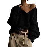 Yimoon Fuzzy Sweater for Women V Neck Long Sleeve Soft Chunky Pullover Sweater Loose Slouchy Fluffy Jumper Top