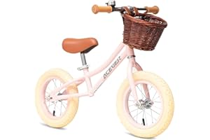 ACEGER 12" Kids Balance Bike with Basket, Toddler Bicycle for Early Learning Leg Strength and Steady Balancing, Durable Frame&Tool-Free Adjustable Seat, Gift Bike for 2-5 Kids, No Brake