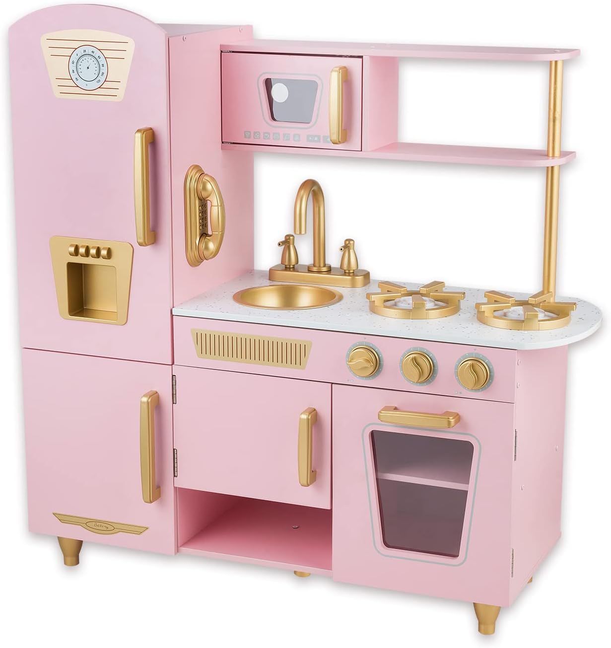 WOODENFUN Rose Gold Wooden Children's Kitchen, Play Kitchen with Sink, Stove, Oven, Accessories for Girls Age 3+