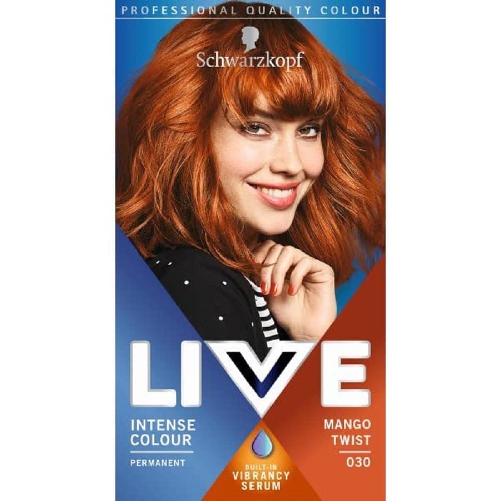 Schwarzkopf LIVE Intense Colour, Long Lasting Permanent Orange Copper Hair Dye, With Built-In Vibrancy Serum, Up To 70 Percent Grey Coverage, Mango Twist 030