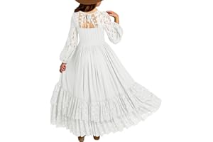 MITILLY Girls Boho Long Sleeve Backless Lace Flower Square Neck Tiered Ruffle Swing Party Maxi Dress