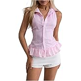 Floerns Women's Going Out Button Down Shirts Striped Ruffle Hem Sleeveless Blouse Tops
