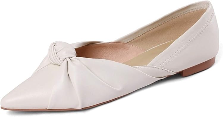 Amazon Gzgz リボン付き パンプス フラットシューズ ぺたんこ 本革 歩きやすい ローヒール ポインテッドトゥ 美脚 可愛い 疲れない 痛くない バレエシューズ 走れる 滑らない 柔らかい フラット ヒール 白 エレガント きれいめ 結婚式 お呼ばれ Gzgz バレエシューズ