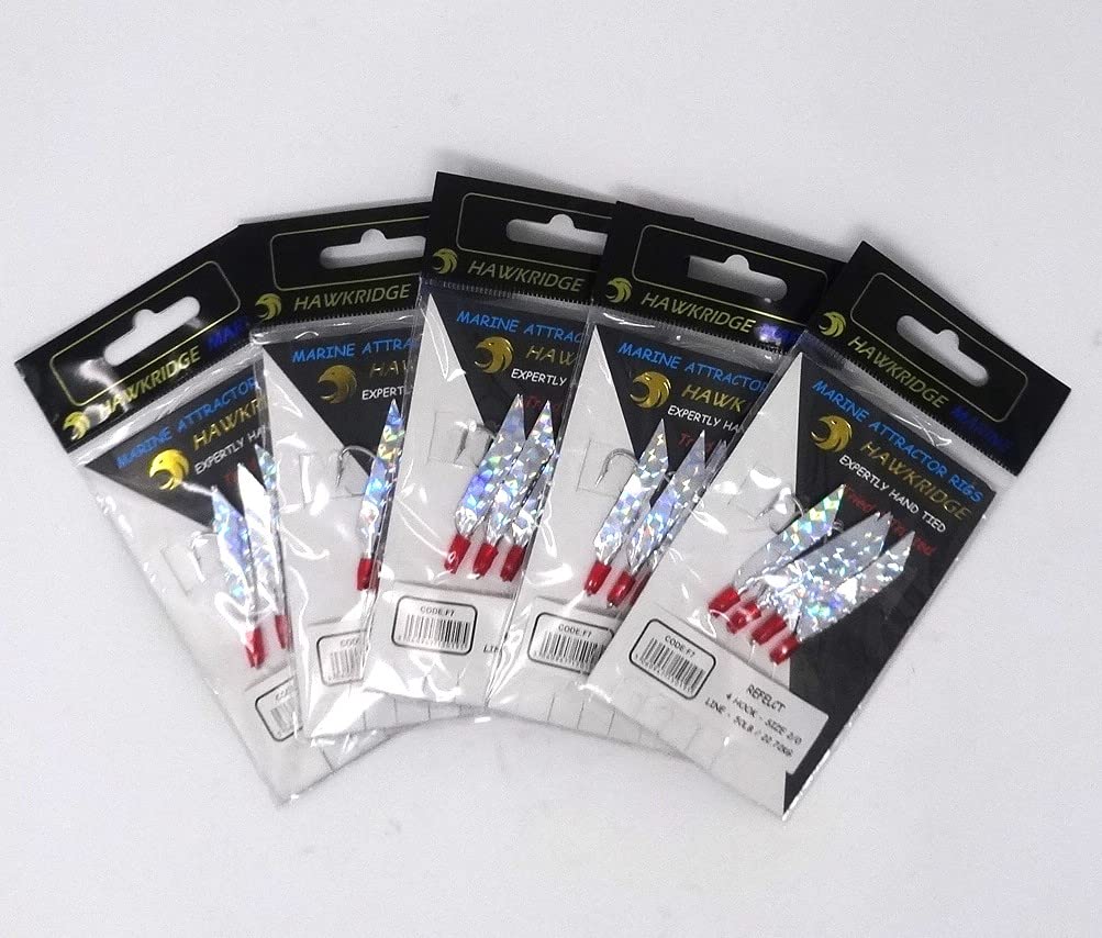 HAWKRIDGE MARINE RIG PRO SERIES - SILVER REFLECT 5 Packs of Single Type Commercial Quality Sea Feather Lure Fishing Rigs - Sea Boat Shore for Mackerel, Herring, Bass & Cod