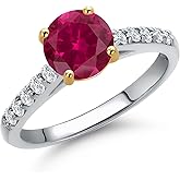 Gem Stone King 10K Two Tone Gold Gemstone Birthstone and White Lab Grown Diamond Engagement Ring For Women | Round 7MM and 1.7MM | Wedding Anniversary Promise Ring | Sizes 5, 6, 7, 8, 9