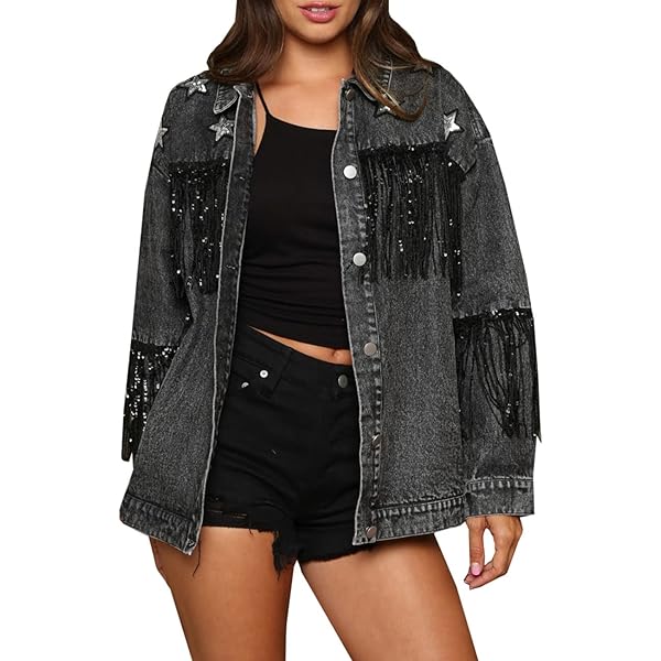 ジャケット・アウター ALEXIA STAM Fringe Hem Denim Jacket S CYLADY Oversized Denim Jacket for Women Embellished Stars