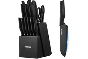 VEVOR Kitchen Knife Set with Block and Sharpener, 15 Piece German High Carbon Stainless Steel Knife Set, Kitchen Cutlery with