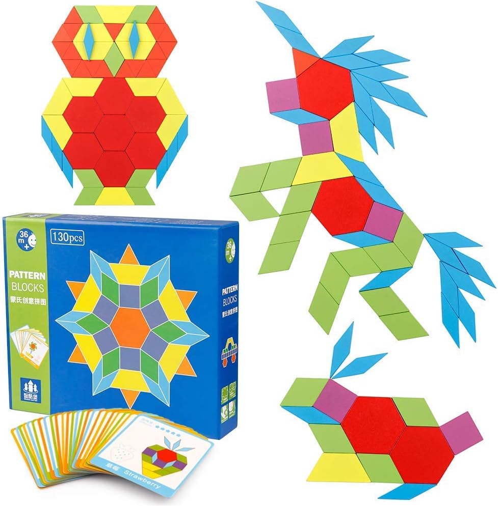 TEC TAVAKKAL Wooden Pattern Blocks Classic Educational Montessori Toys Tangrams Set for Kids with 130 Geometric Shape Pieces and 24 Design Cards