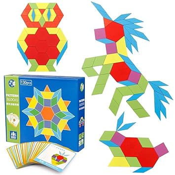 Prime Deals Wooden Pattern Blocks Classic Educational Montessori Toys Tangrams Set for Kids with 130 Geometric Shape Pieces and 24 Design Cards
