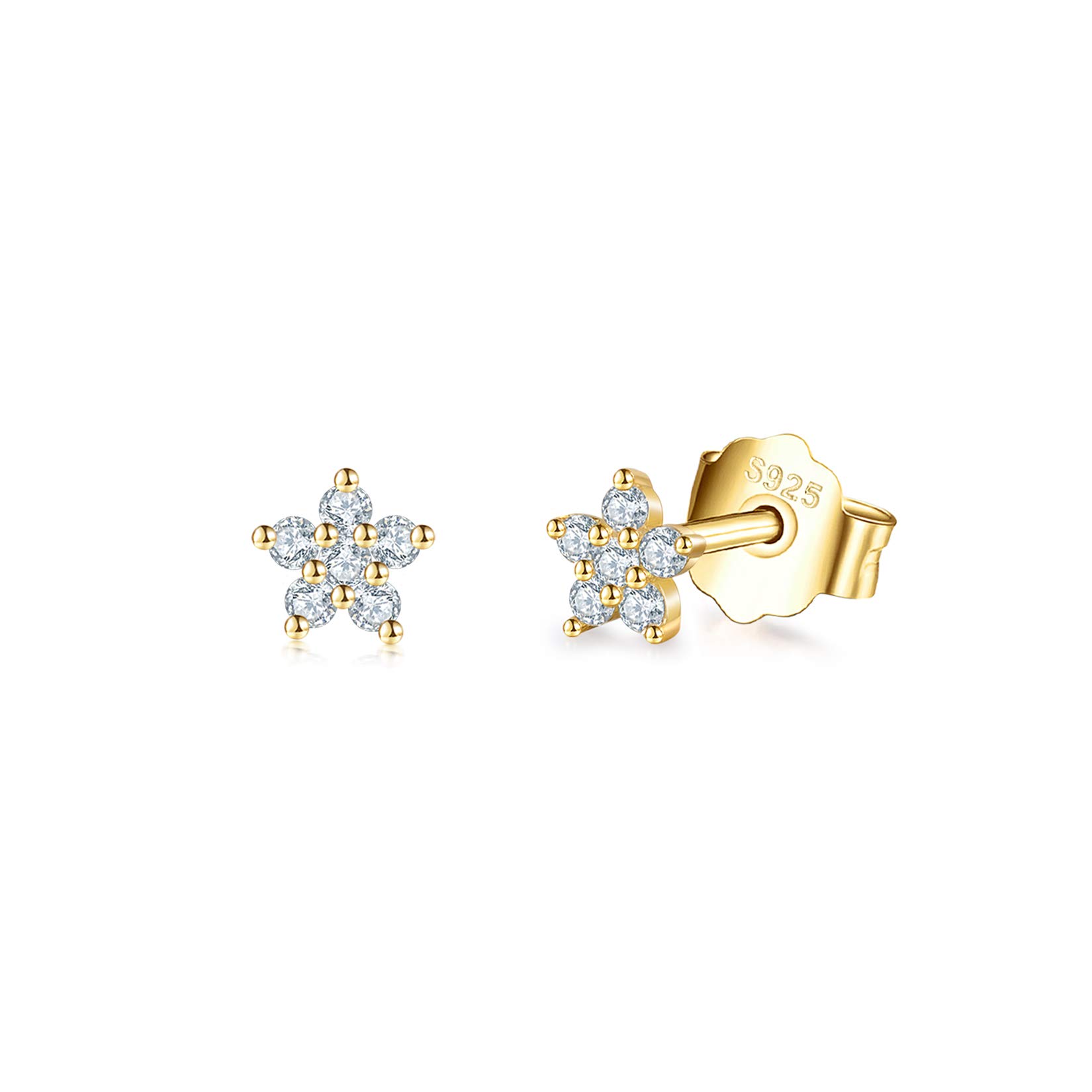 14K Gold Plated Stud Earrings for Women Girl, Tiny Flower Stud Earrings Small 925 Sterling Silver Hypoallergenic Cubic Zirconia Helix Cartilage Earrings Piercing Sleeper Studs, 4mm — image 1