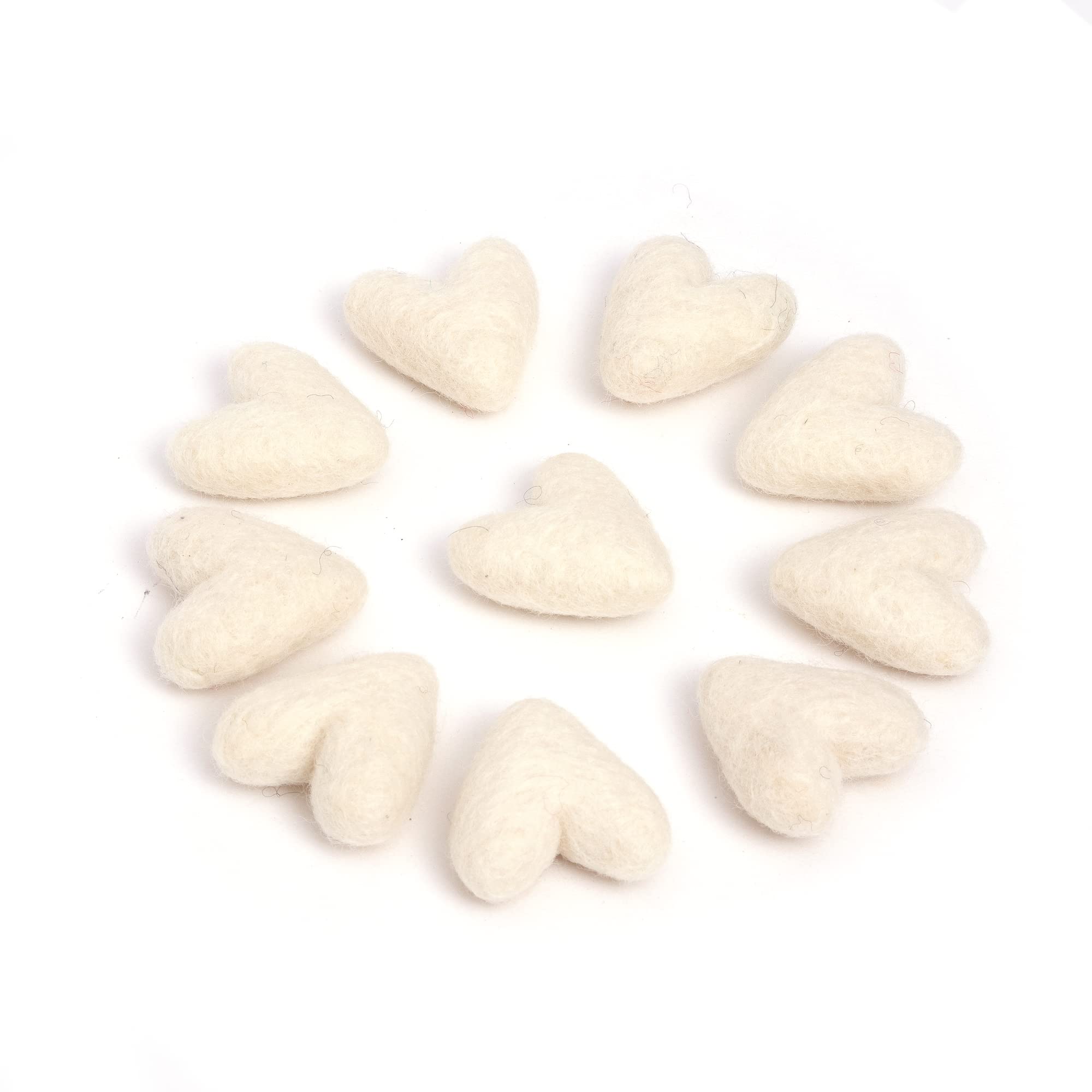 Glaciart One White Felted Hearts - 1.5” (10 Pcs) - Needle Felting - Needle Felting & Essential Oils Ready - Handmade in Nepal Using 100% Natural New Zealand Wool, for Art Projects & Valentines Decor