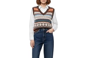 Women's V Neck Sleeveless Knit Vest Geometric Pattern Pullover Casual Loose Fit Retro Fall