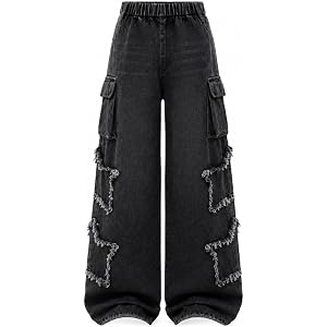 Kxuryueo Girls Wide Leg Jeans Elastic Waist Baggy Denim Cargo Pants Size 7-14