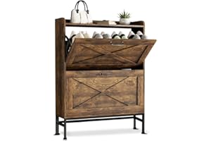 HOMICKER Shoe Cabinet with 2 Flip Drawers, Entryway Shoe Storage, Freestanding Shoe Organizer with Adjustable Shelves, Holds 24-32 Pairs, Eco-Friendly E0 Grade & Advanced Material HDF