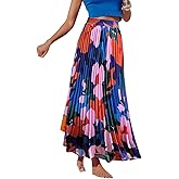 Women's 2025 High Waist Floral Long Skirts Boho Pleated Swing A Line Beach Maxi Skirt