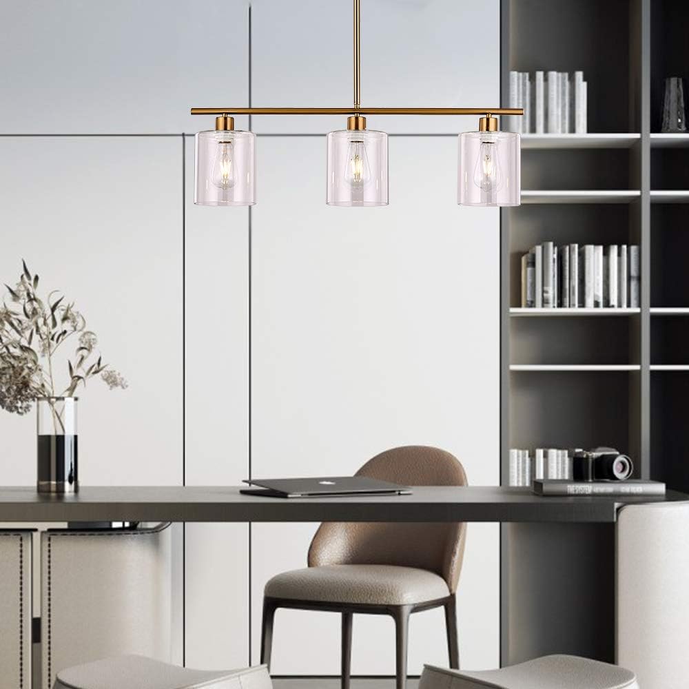 XILICON Kitchen Island Lighting Chandelier Light Fixture for Dining Room Hanging Brushed Brass 3 Light Pendant Light Contemporary with Glass Shade for Living Dining Room Bedroom - - 