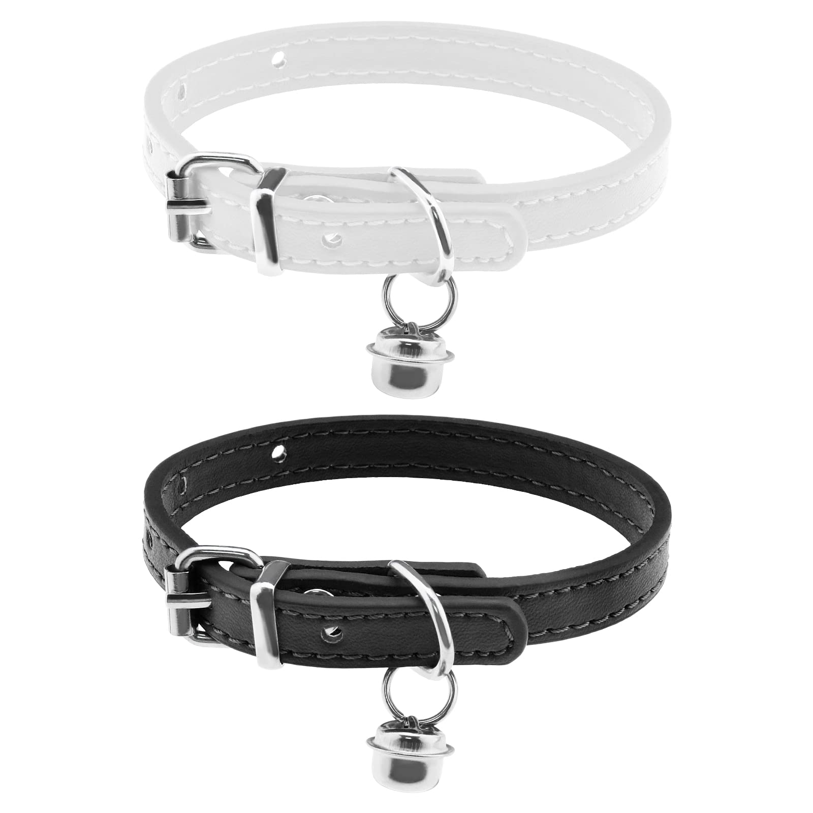 ECSiNG 2PCS Cat Collar with Bell PU Leather Comfortable Kitten Collars for 15~23cm Neck Size Adjustable Length Small Pets Supplies 1cm Width Black & White