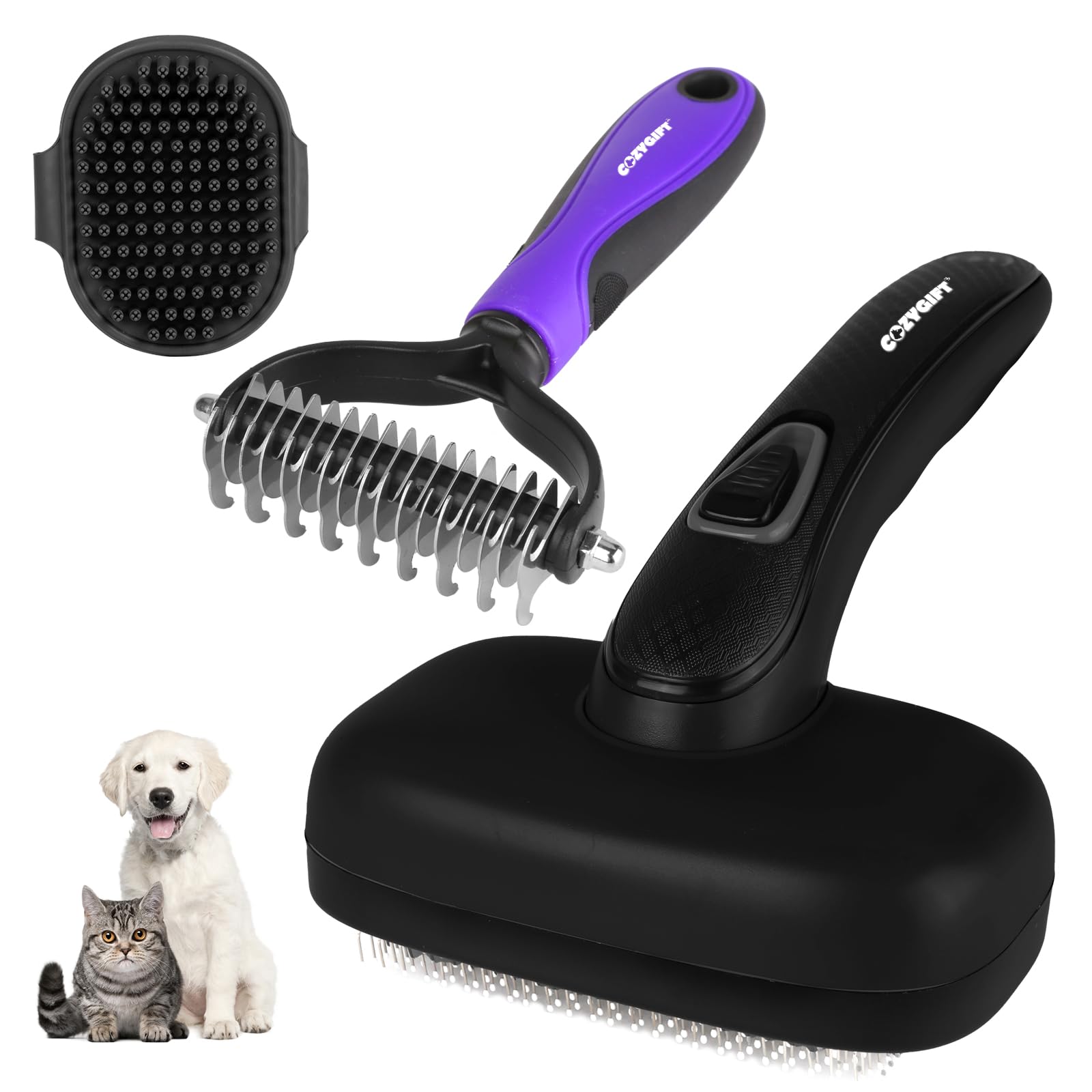 COZYGIFT Dog Brush Kit – 3 PCS Grooming Set with Self-Cleaning Brush, Undercoat Rake & Pet Bath Brush. Great for Shedding, Tangles & Dirt Removal – Ideal for Long & Short Haired Dogs & Cats, Black