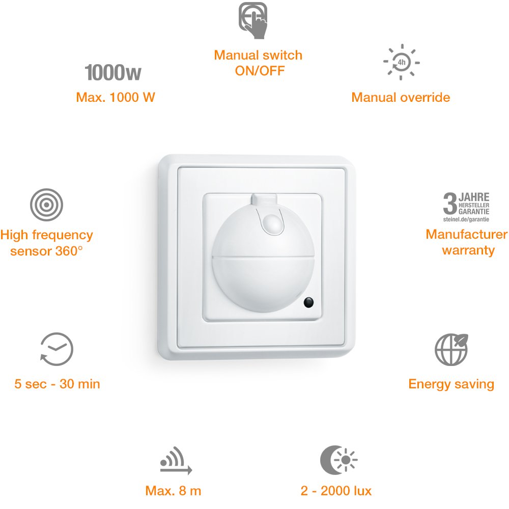 Steinel 751111 Detector de Movimiento HF 360 UP, Técnica de Alta frecuencia, Blanco, eficiente de la energía, Toma empotrada, IP20, Clase de Aislamiento II, ...