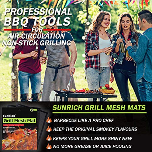 Sunrich BBQ Grill Mesh Mat Barbecue Cooking Mat Non-Stick Set(2) for Outdoor Grilling Teflon Grill Mesh Sheet Liner Heavy Duty Easy to Clean for Smoker,Gas,Charcoal,Electric Grill,Oven