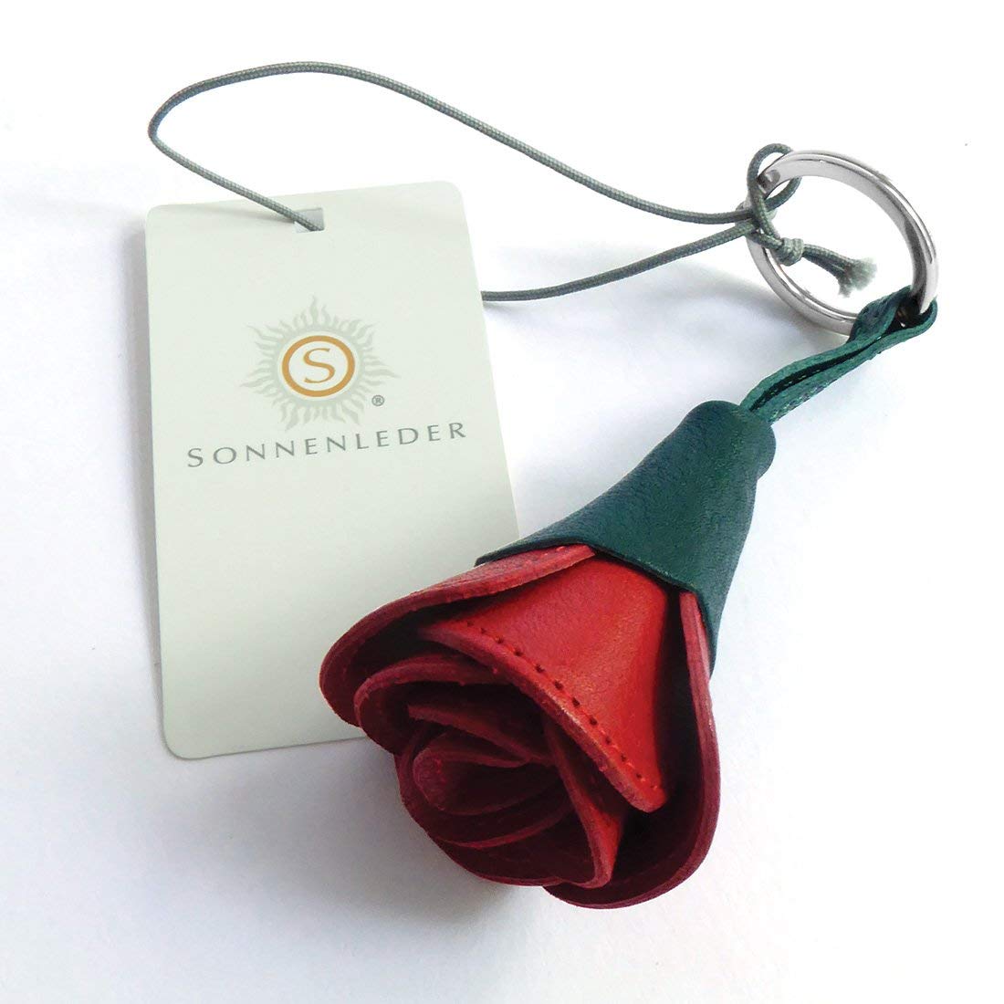 Sonnenleder "Bizet" High Quality Leather Rose Keychain, Color: Red/ Green, Natural Leather * Made in Germany