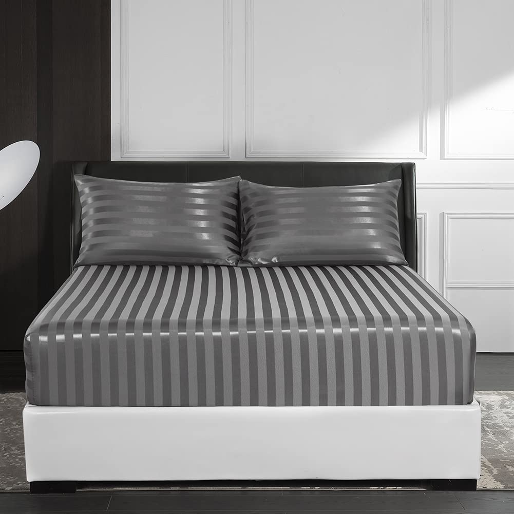 DuShow Satin Fitted Sheet,Stripe Silky Deep Pocket Satin Bed Sheets,Breathable Satin Sheets Super King,Fitted Sheet Only(Gray,Super King)