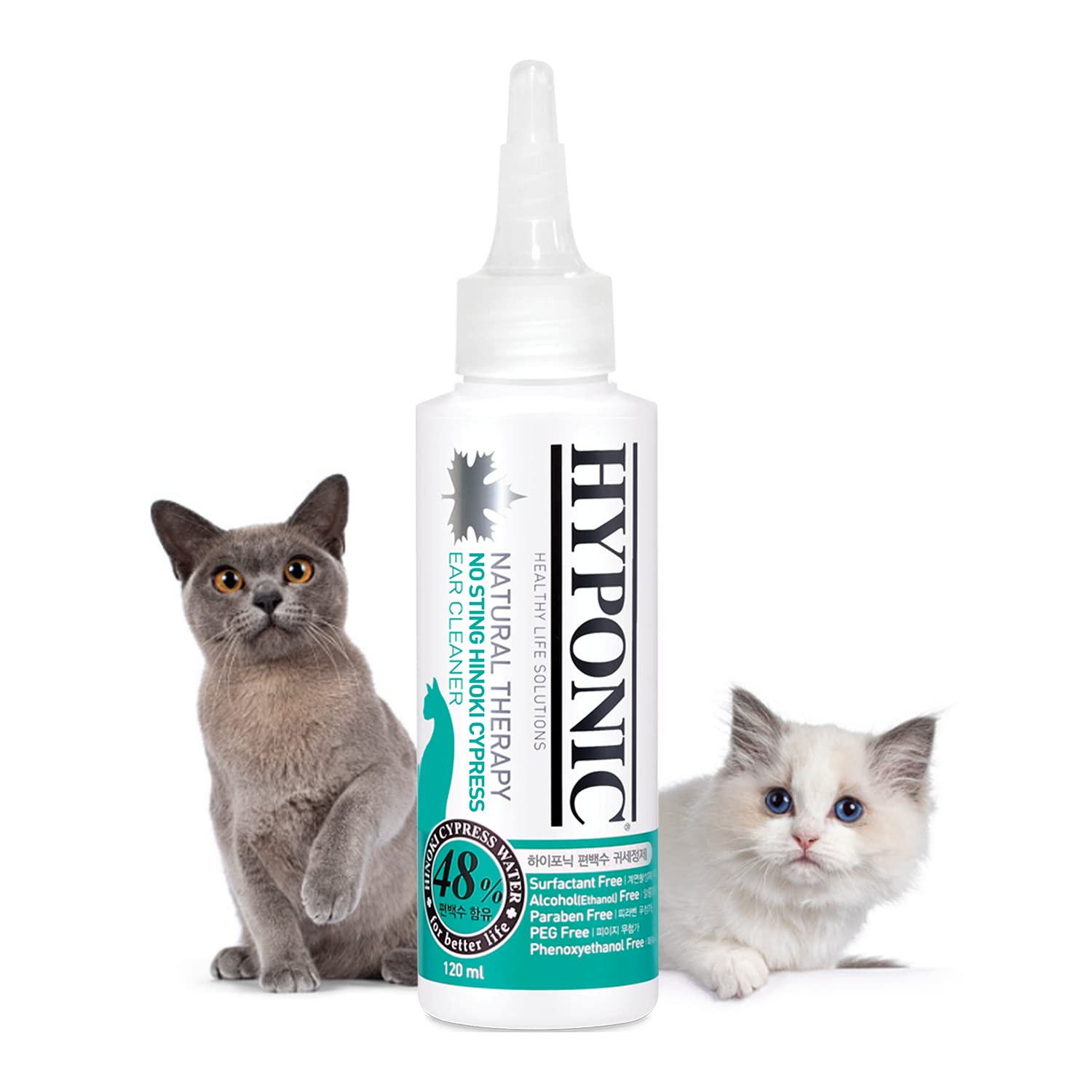 HYPONIC Premium No-Sting Hinoki Cypress Ear Cleaner (for All Cats 120ml) - Cat Ear Cleaning Solution, Cleans and Removes Odors