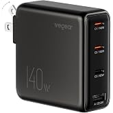 wegear 140W USB-C Charger for Laptop, Slim 4-Port PD 3.1 GaN Block-Black | Fast Charging, Foldable Plug, Type‑C Wall Charger Power Adapter for MacBook Air/Pro, iPad, iPhone 17/16, Galaxy S25
