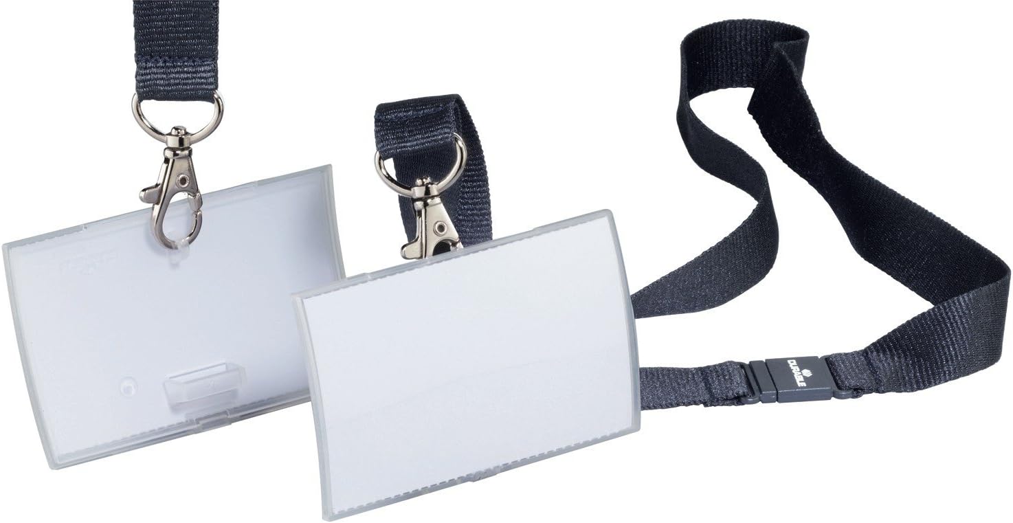 Durable Click Fold Name Badge 54 x 90mm with Black Neck Strap Lanyard, Transparent, Pack of 10