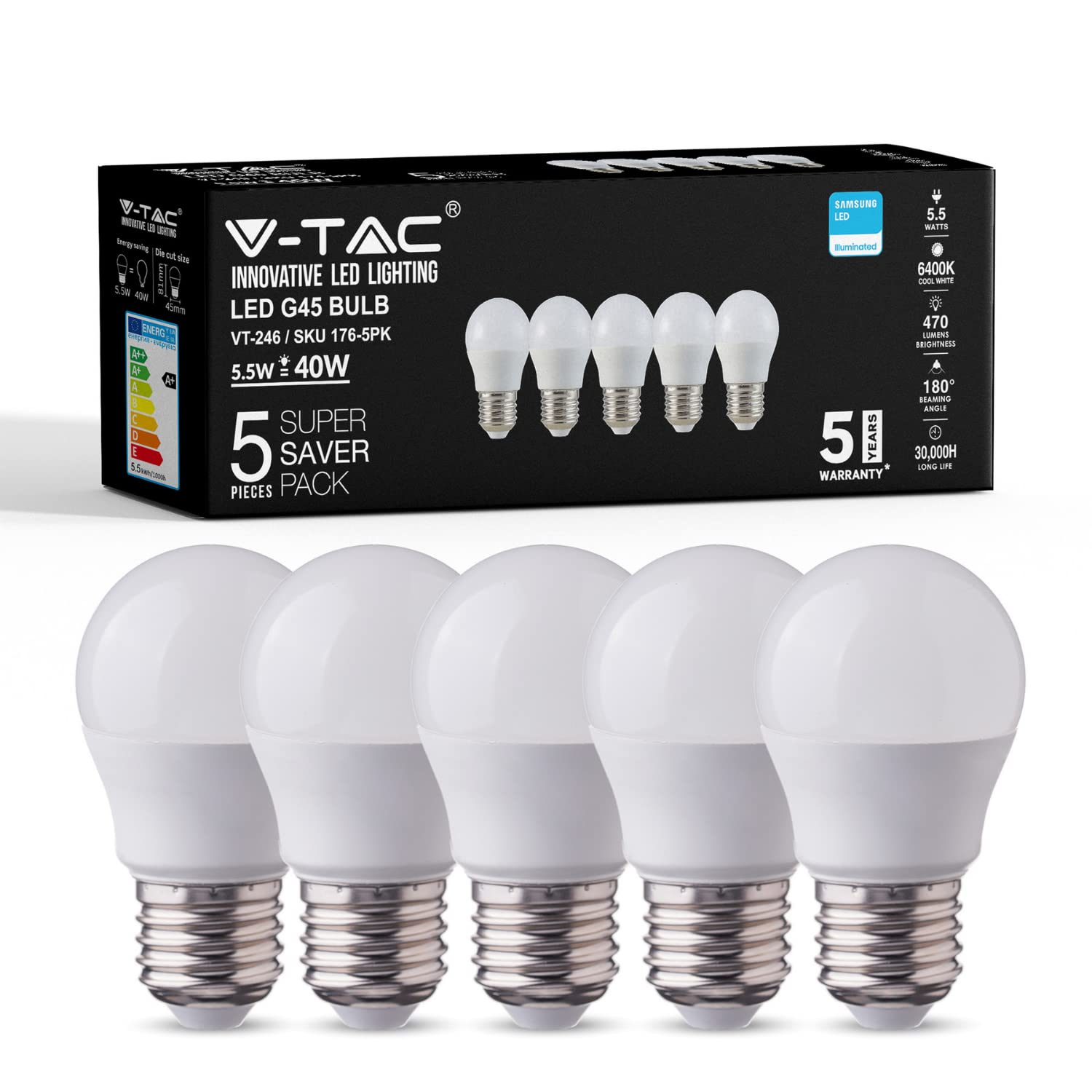 V-TAC Edison Light Bulb - Golf Ball E27 LED | 6400K White Non Dimmable - Pack of 5 (5.5W Equivalent to 40W)