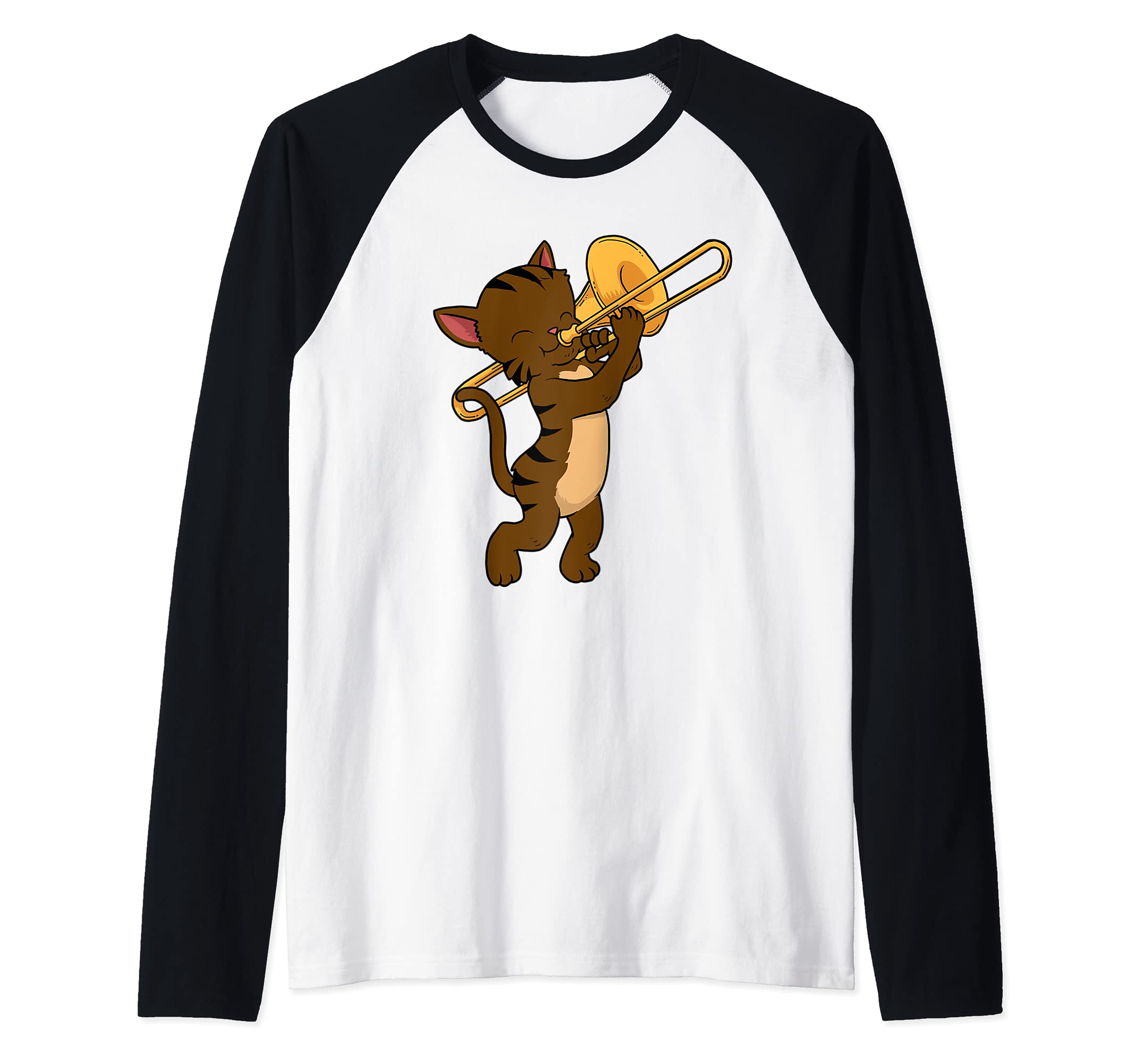 Cat Trombone Music Men Cat Jazz Music Marching Band Trombone Raglan Baseball Tee