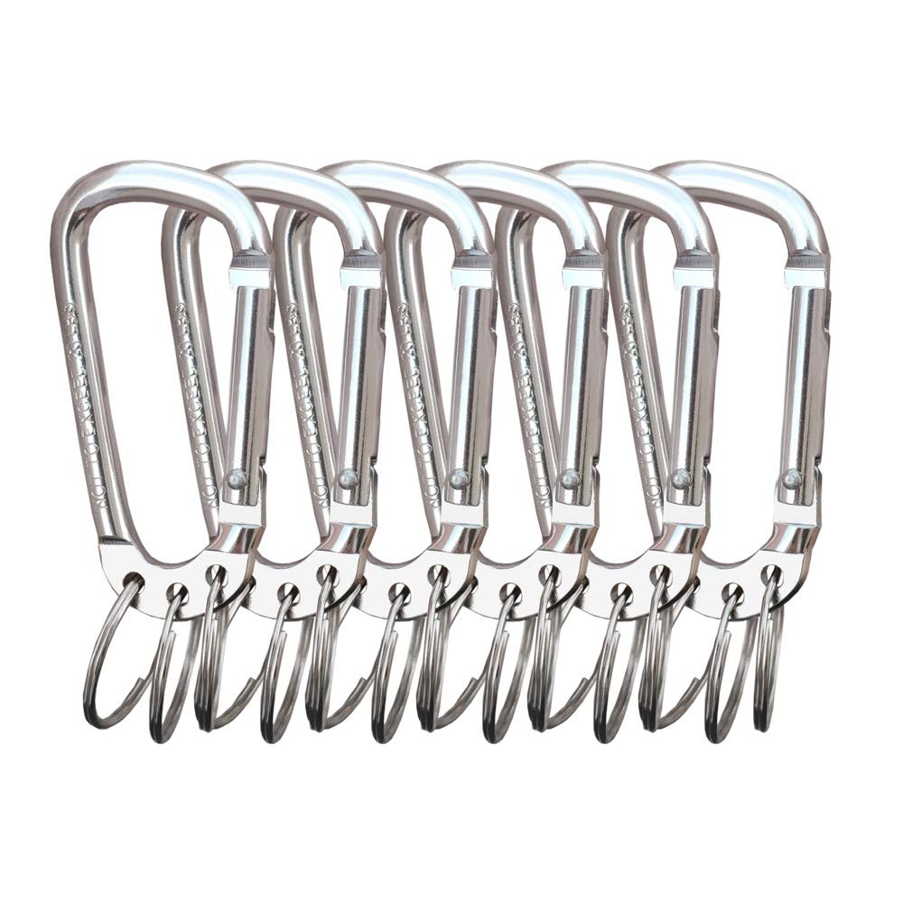 VictorsHome Carabiner Clip Keychain, D Shape Aluminum Alloy Multifunction Hook with 3 Key Rings Silver 6pcs