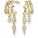 Hefanny Triple Huggie Stacked Earrings for Women Gold Chain Drop Dangle Earrings Cute Statement CZ Earrings Trendy Dainty Jewelry Gift